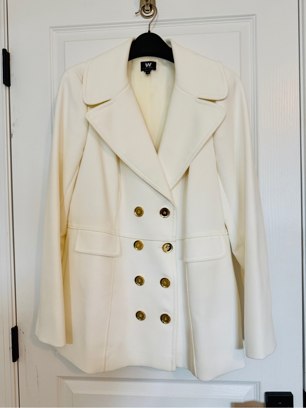 White House Black Market Cream Double-Breasted Pea Coat with Gold Buttons